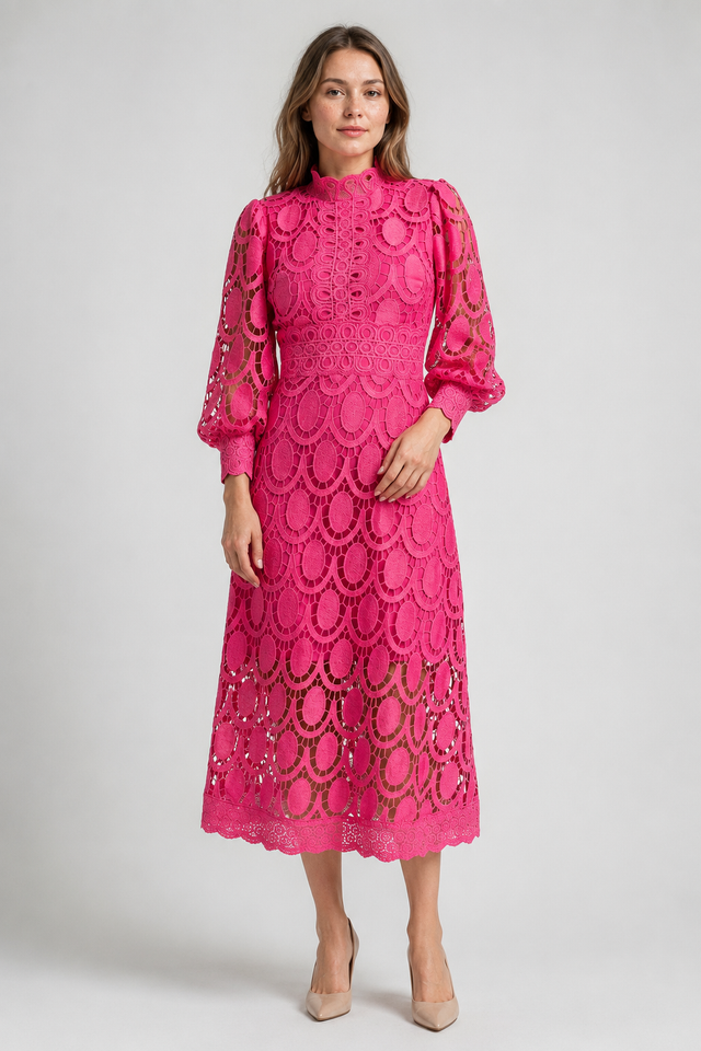 NOMU | Women's Floral Lace Midi Dress – Elegant High Neck Puff Sleeve Party Dress