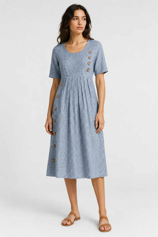 NOMU | Women's Striped Button Detail Midi Dress – Casual Short Sleeve Linen Look Dress