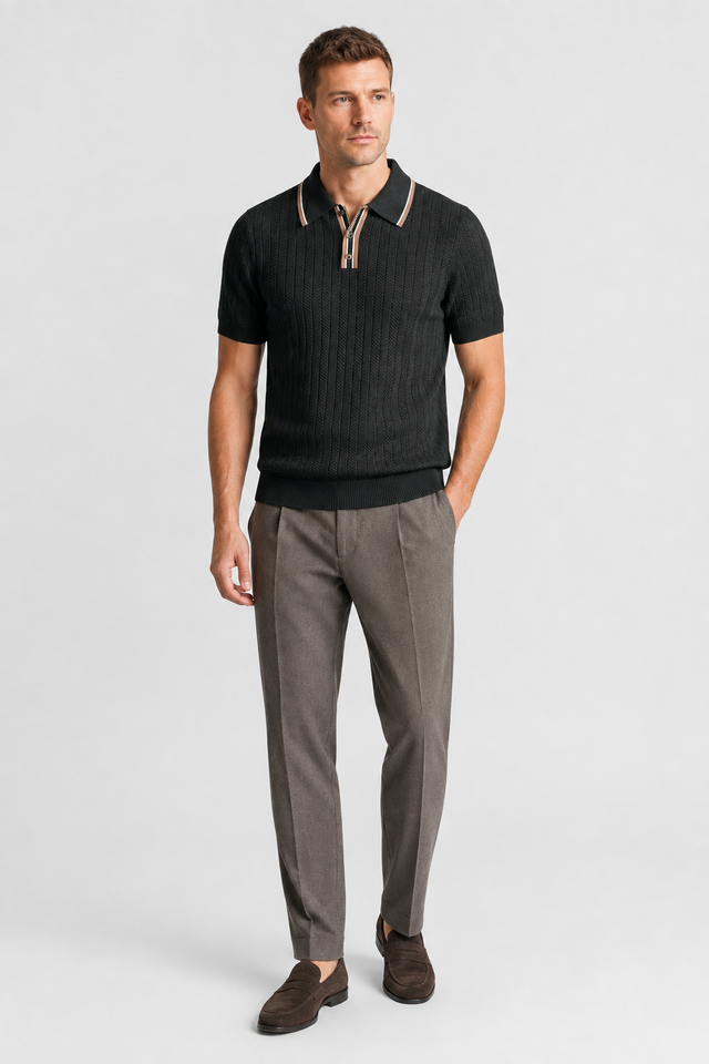 NOMU | Men’s Contrast Trim Ribbed Knit Polo Shirt