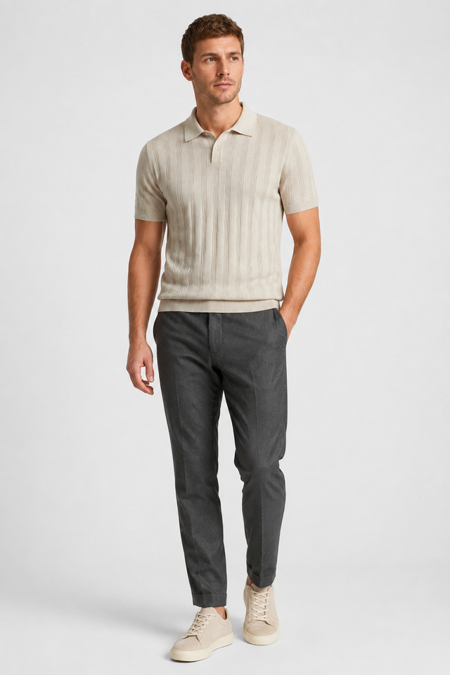 NOMU | Men’s Textured Vertical Stripe Knit Polo Shirt