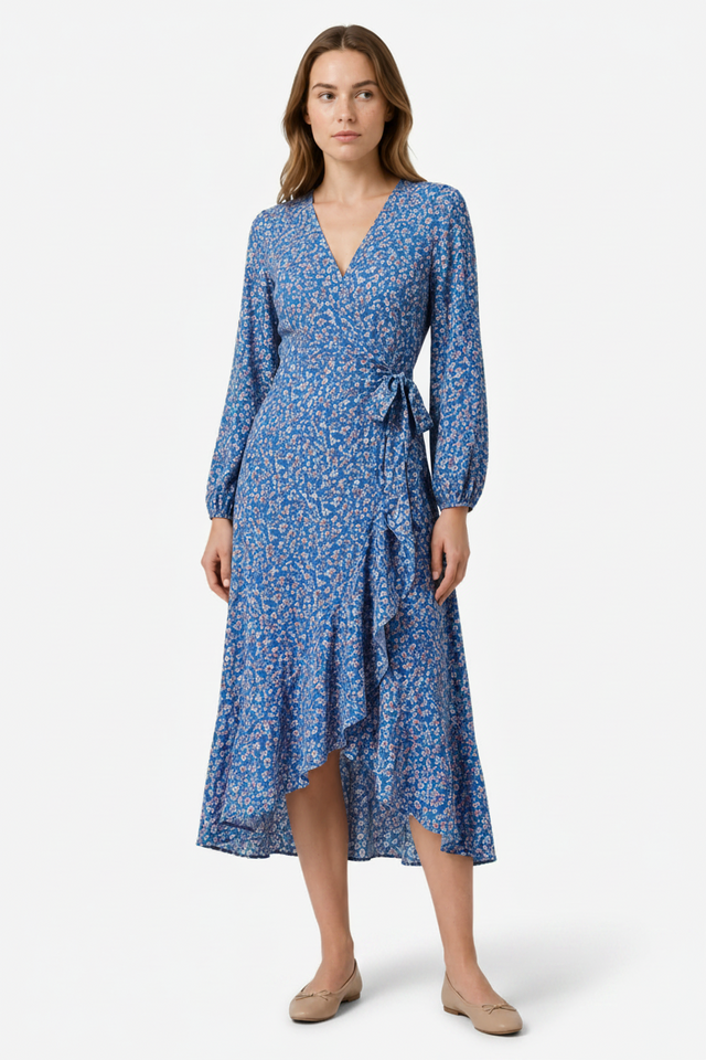 NOMU | Women's Floral Wrap Midi Dress – Long Sleeve Tie Waist Ruffle Hem Design