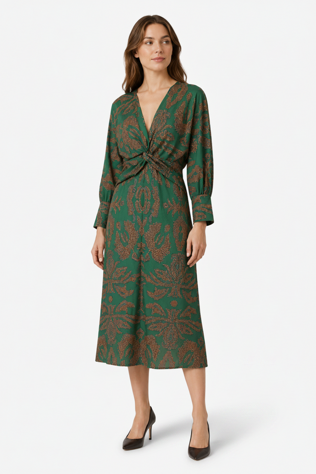 NOMU | Women's Vintage Print Twist Front Midi Dress – Elegant Long Sleeve V-Neck Dress