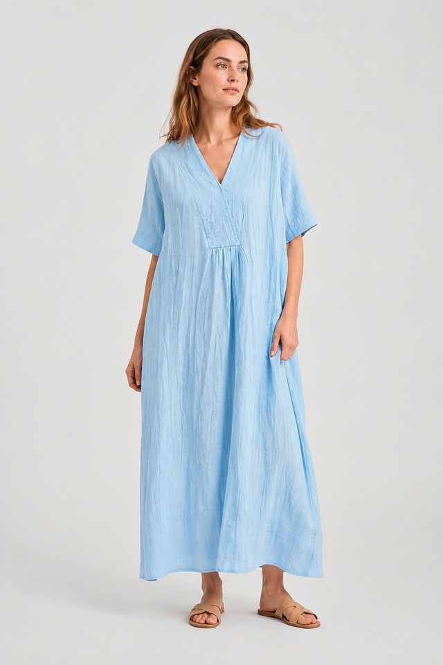 NOMU | Women's Casual Linen Dress – V-Neck Short Sleeve Loose Fit