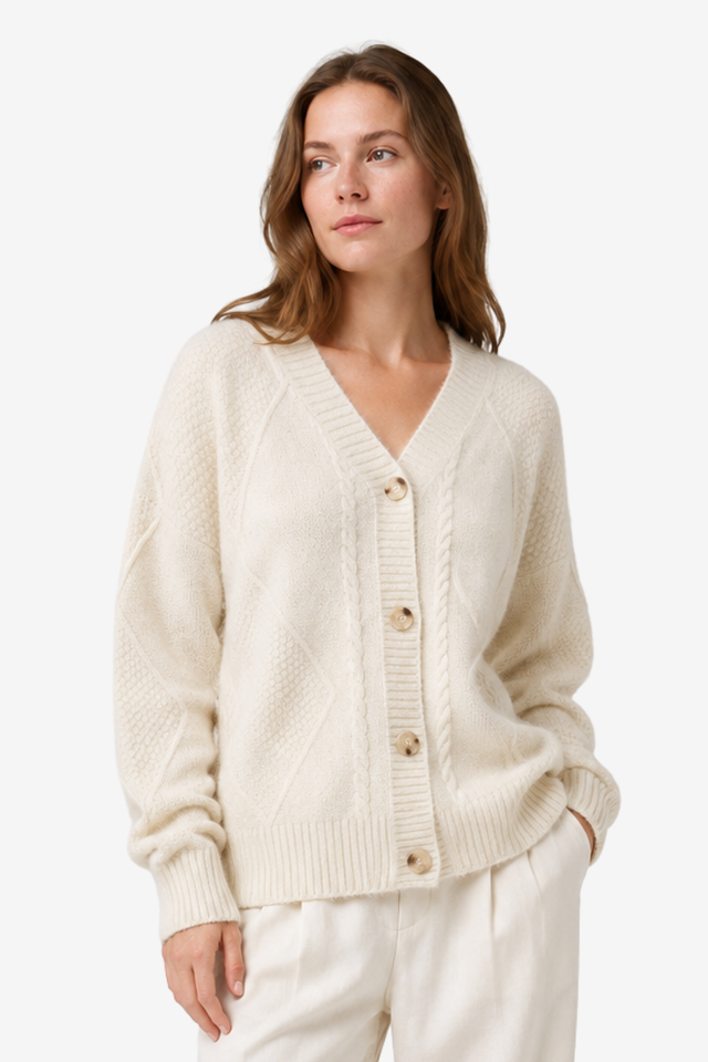 NOMU | Women's Cable Knit Cardigan – V-Neck Button Front Cozy Design