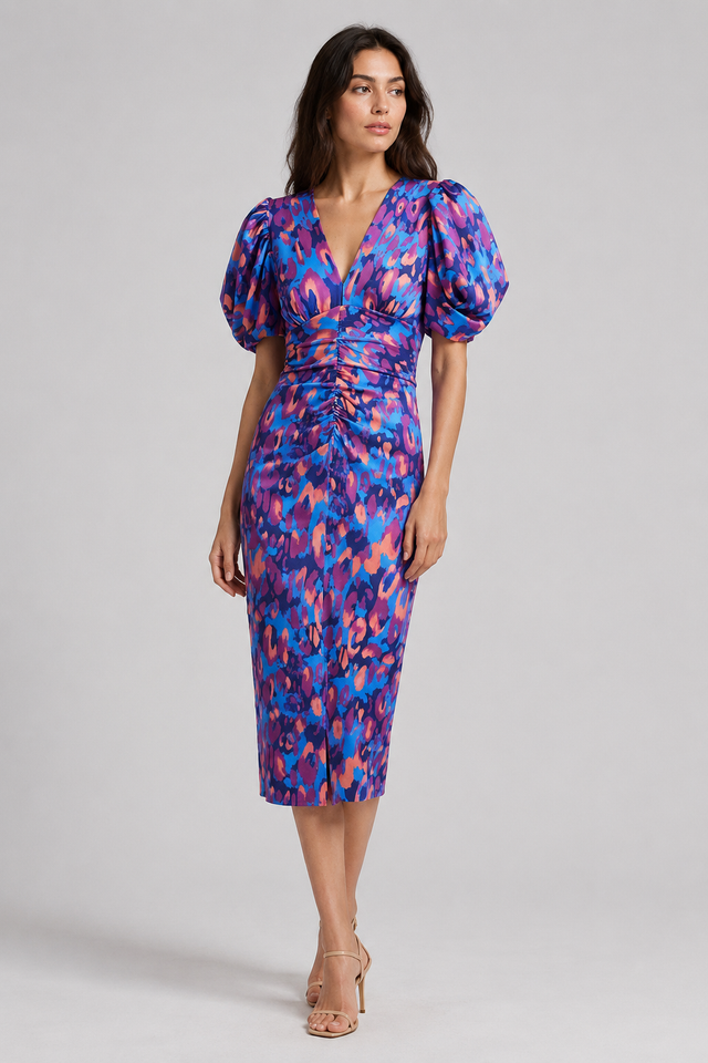 NOMU | Women's Abstract Print Ruched Midi Dress – Elegant Puff Sleeve Bodycon Dress
