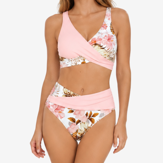 NOMU | Women's Floral Cross Wrap Bikini Set – High Waist Two Piece Swimwear
