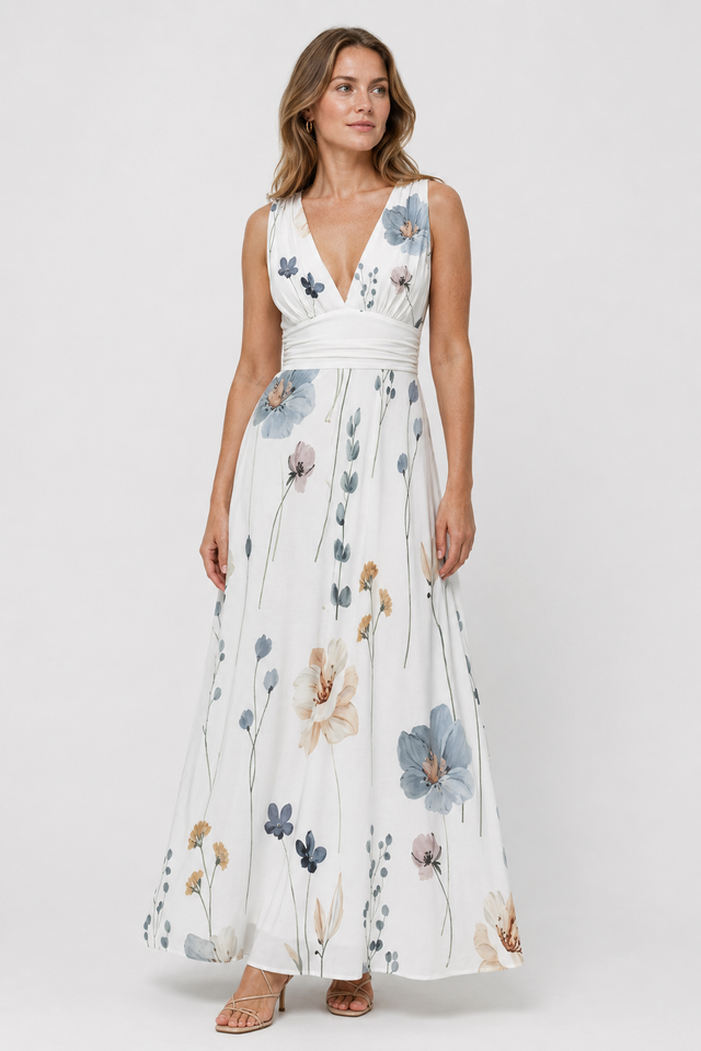 NOMU | Women's Floral V-Neck Maxi Dress – Elegant Sleeveless Flowing Summer Dress