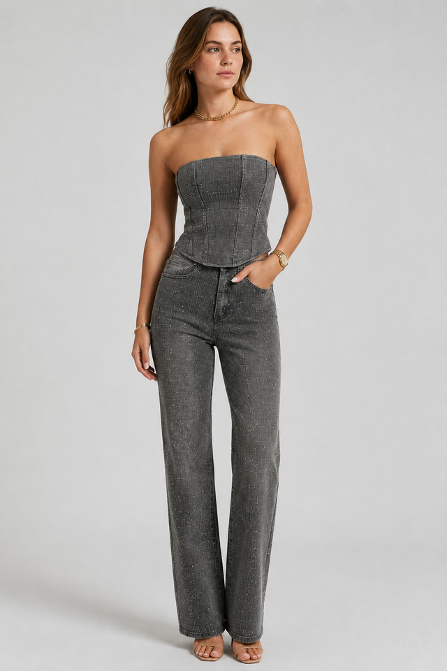 NOMU | Women's Rhinestone Denim Corset & Wide-Leg Jeans Set – Glam Strapless Co-Ord Outfit