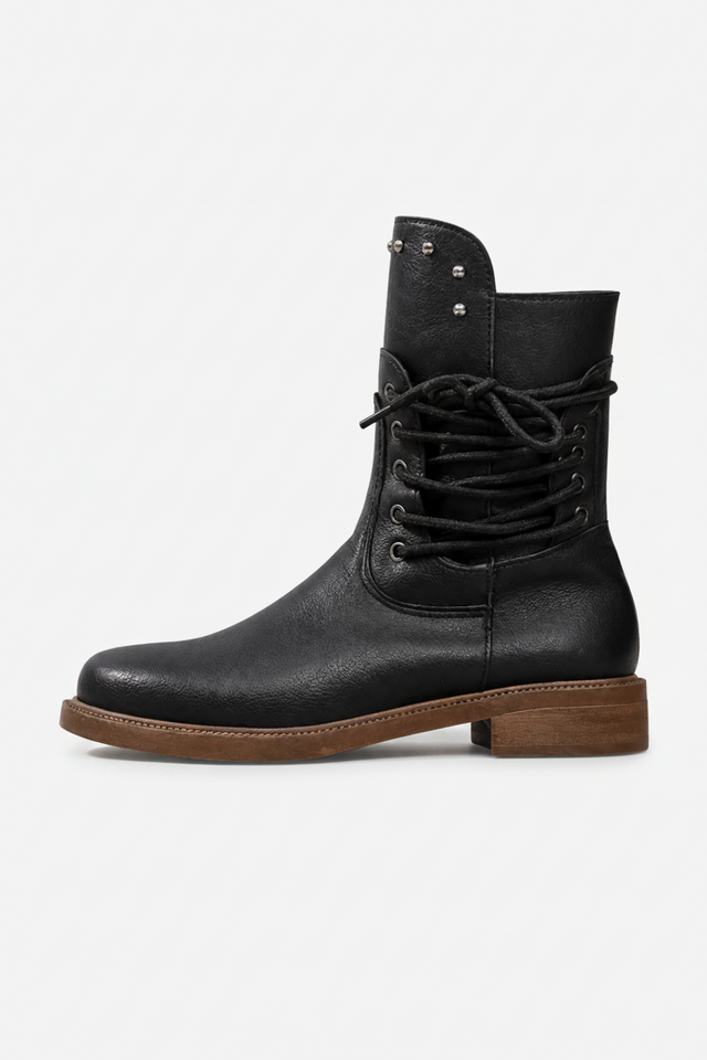 NOMU | Women's Vintage Leather Lace-Up Ankle Boots – Cozy Knit Trim Casual Boots