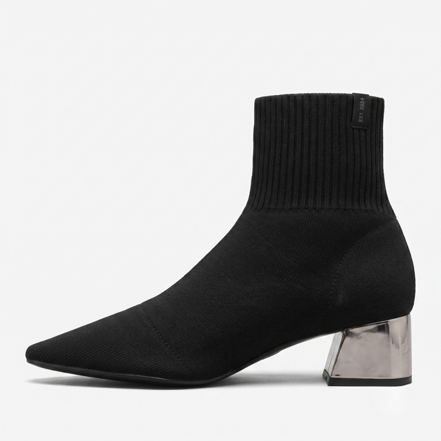 NOMU | Women's Pointed-Toe Sock Ankle Boots – Modern Knit Block Heel Boots