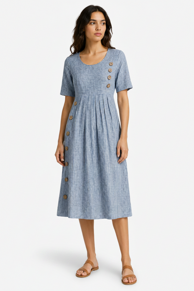 NOMU | Women's Striped Button Detail Midi Dress – Casual Short Sleeve Linen Look Dress