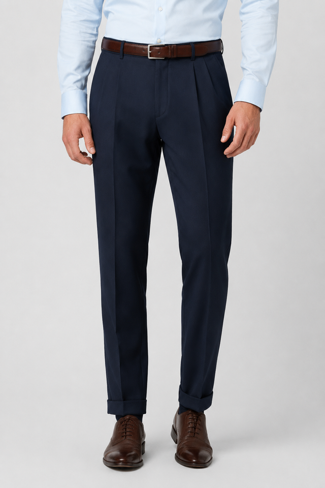 NOMU | Men's Navy Pleated Tapered Dress Trousers – Tailored Formal Pants