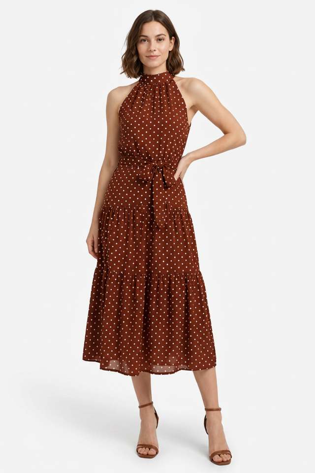 NOMU | Women's Polka Dot Halter Midi Dress – Elegant Sleeveless Tie Waist Dress