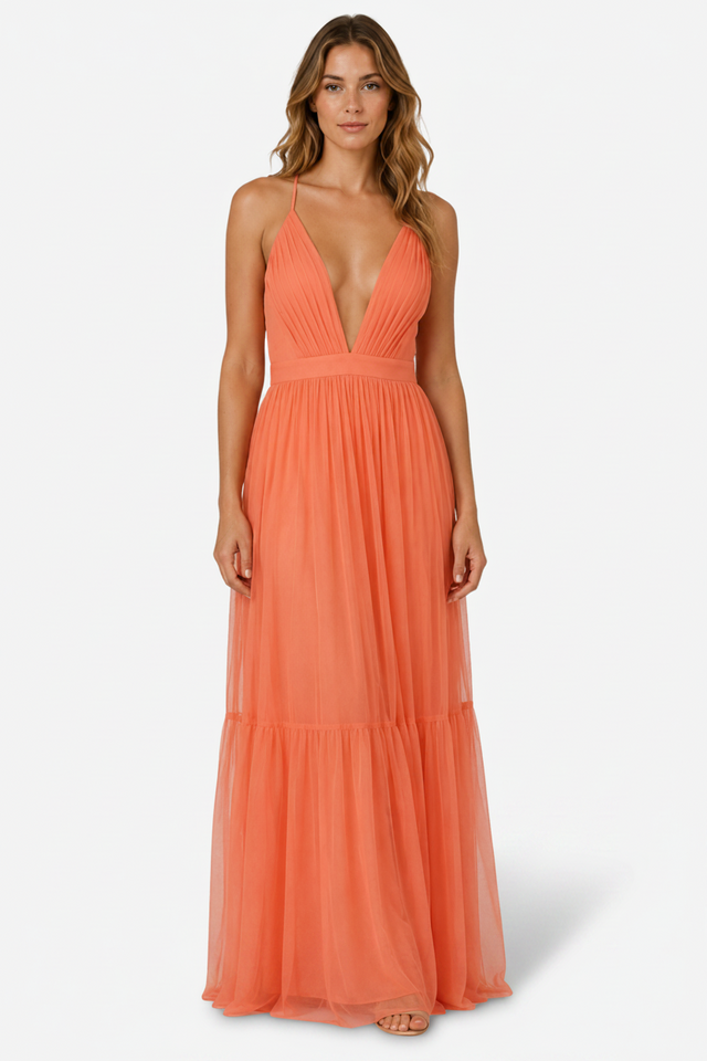 NOMU | Women's Pleated Deep V-Neck Maxi Dress – Elegant Sleeveless Evening Dress