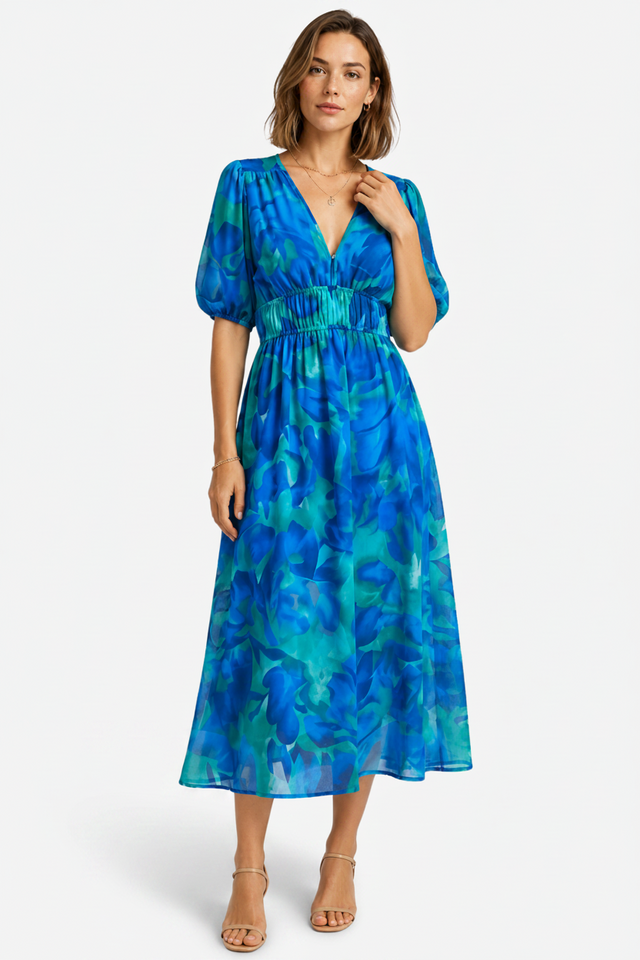 NOMU | Women's Floral V-Neck Midi Dress – Elegant Puff Sleeve Flowing Dress