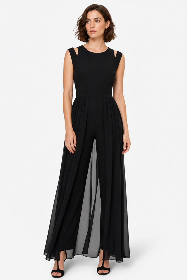 NOMU | Women's Sleeveless Wide Leg Jumpsuit – Elegant Sheer Overlay Evening Jumpsuit
