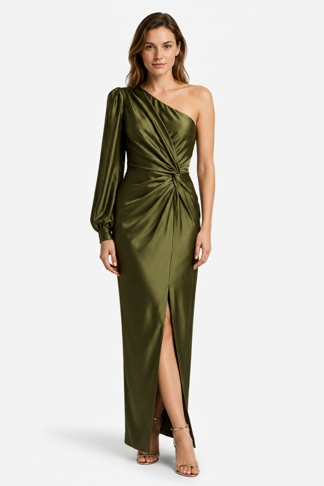 NOMU | Women's One-Shoulder Satin Maxi Dress – Elegant Long Sleeve Evening Dress