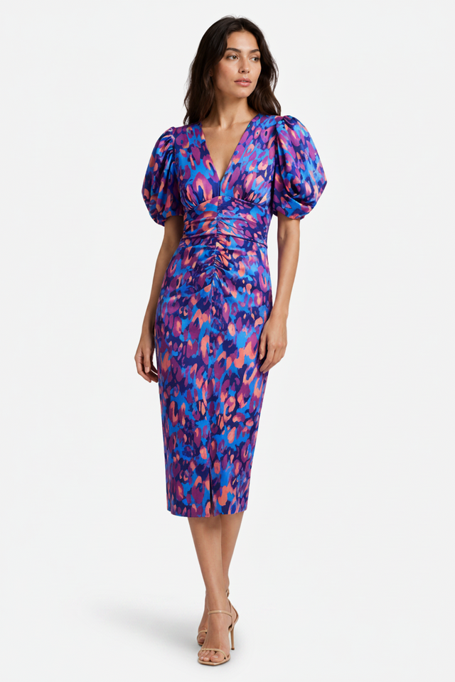 NOMU | Women's Abstract Print Ruched Midi Dress – Elegant Puff Sleeve Bodycon Dress