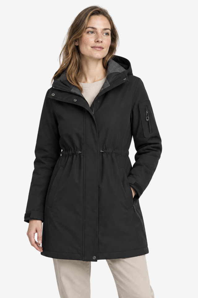 NOMU | Women's Lined Hooded Parka – Zip Front Adjustable Waist Longline Design