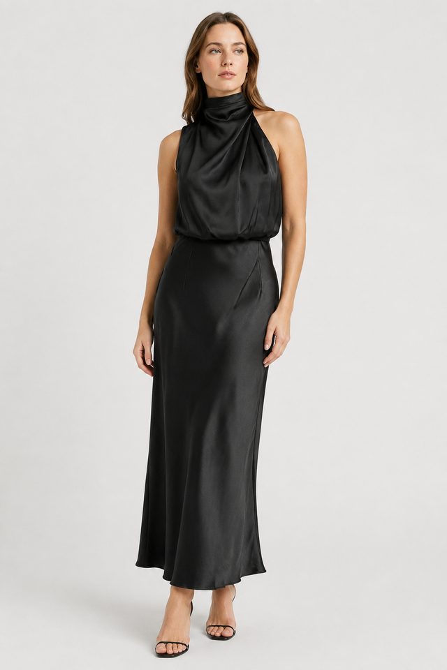 NOMU | Women's Satin High Neck Midi Dress – Elegant Sleeveless Evening Slip Dress