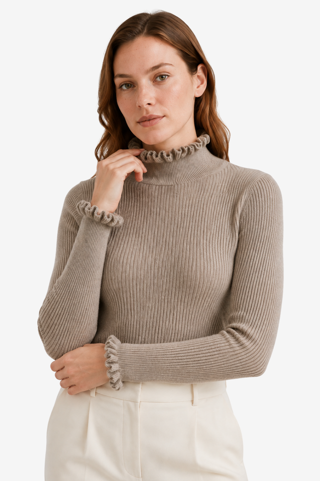 NOMU | Women's Ribbed Knit Long Sleeve Top – Ruffle Trim High Neck Design