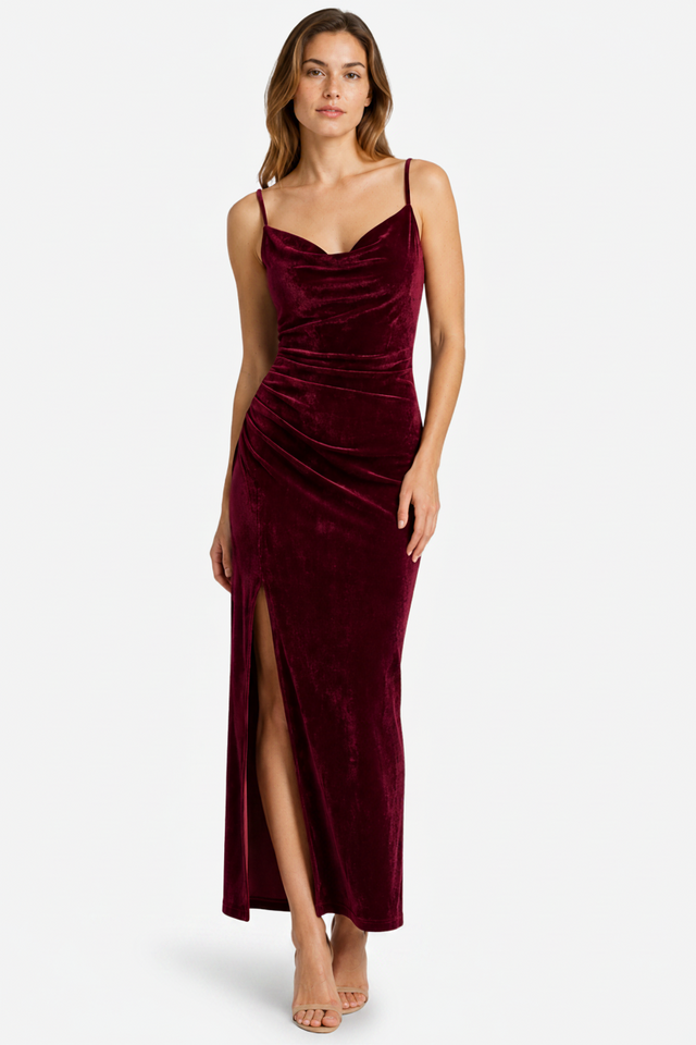 NOMU | Women's Velvet Cowl Neck Midi Dress – Elegant Sleeveless Slit Evening Gown