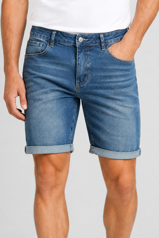 NOMU | Men's Slim Fit Denim Shorts – Casual Rolled Hem Stretch Jean Shorts