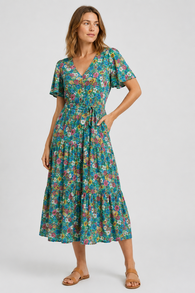 NOMU | Women's Floral Midi Dress – V Neck Short Sleeve Tie Waist Design