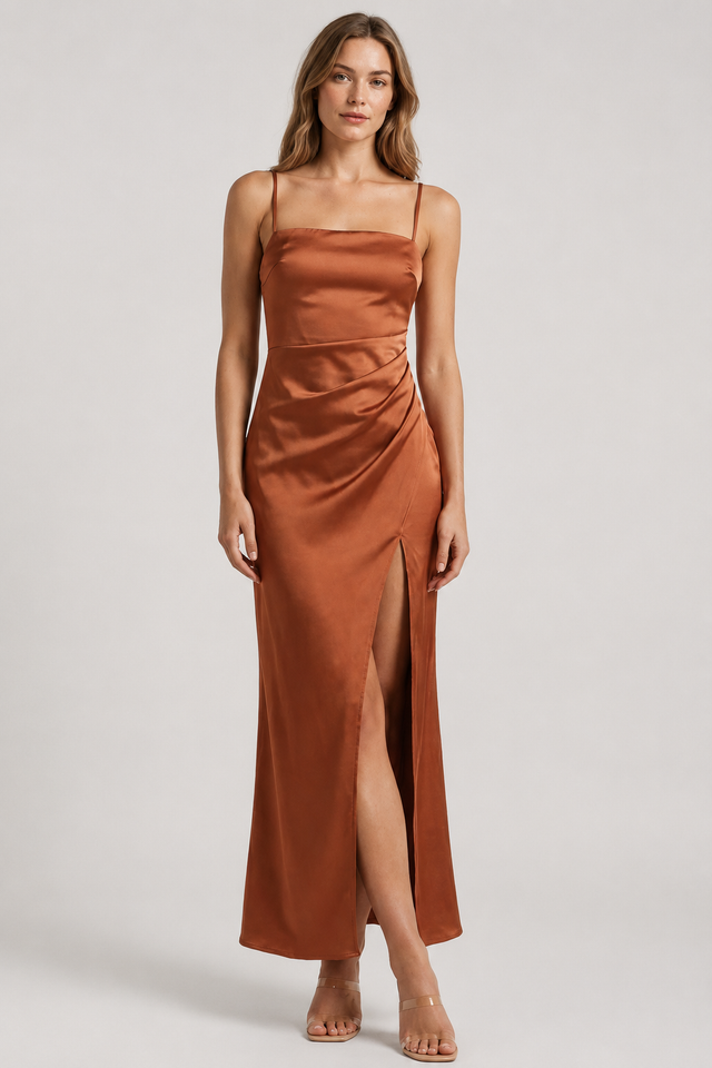 NOMU | Women's Satin Slip Maxi Dress – Elegant Spaghetti Strap Evening Dress