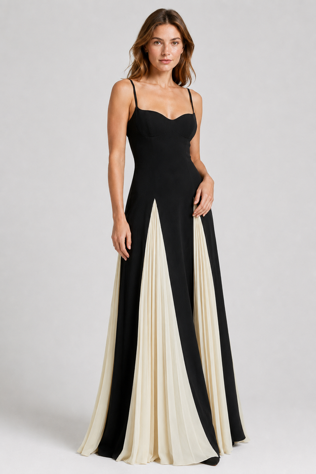 NOMU | Women's Pleated Panel Maxi Dress – Elegant Spaghetti Strap Evening Gown