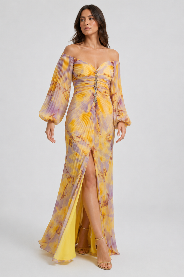 NOMU | Women's Off Shoulder Maxi Dress – Ruched Long Sleeve Split Hem Design