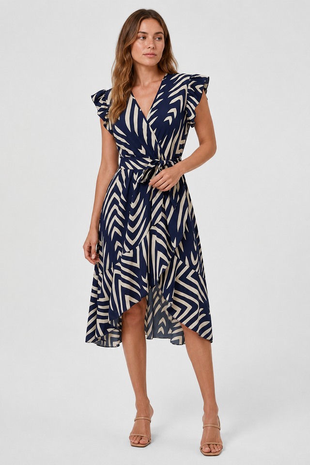 NOMU | Women's Printed High-Low Wrap Dress – Elegant Ruffle Sleeve Midi Dress