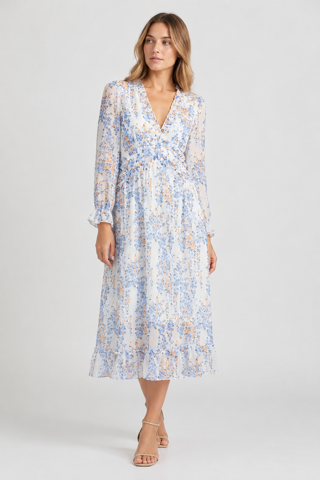 NOMU | Women's Floral Midi Dress – V Neck Long Sleeve Ruffle Trim Design