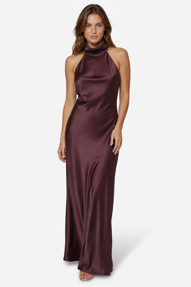 NOMU | Women's Satin Halter Maxi Dress – Elegant Sleeveless Evening Gown