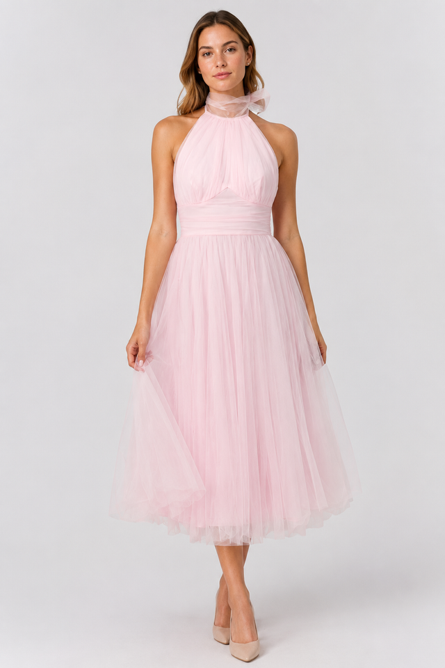 NOMU | Women's Halter Neck Tulle Midi Dress – Elegant Sleeveless Princess Party Dress