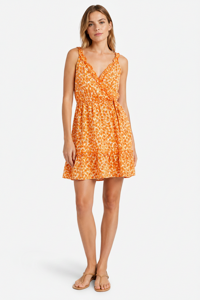 NOMU | Women's Printed Mini Dress – V Neck Ruffle Strap Tie Waist Design