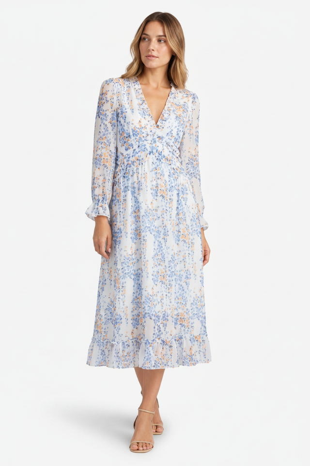 NOMU | Women's Floral Midi Dress – V Neck Long Sleeve Ruffle Trim Design