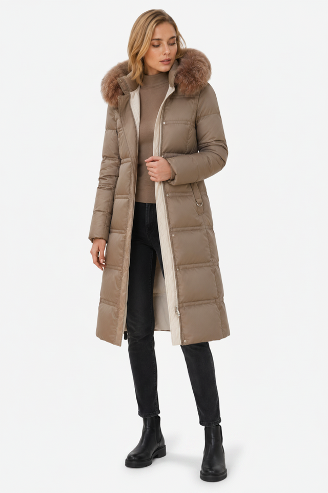 NOMU | Women's Long Puffer Coat – Fitted Waist with Fur Trim Hood