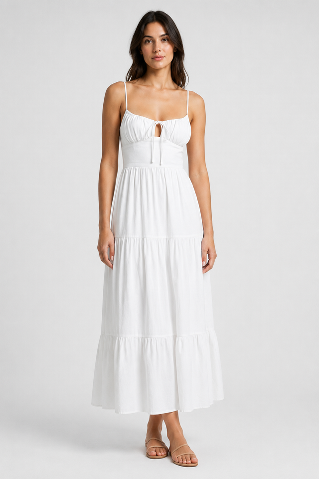 NOMU | Women's Tiered Midi Dress – Spaghetti Strap Tie Front Relaxed Fit Design