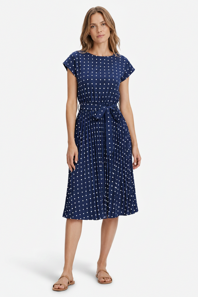 NOMU | Women's Polka Dot Midi Dress – Short Sleeve Tie Waist Pleated Design