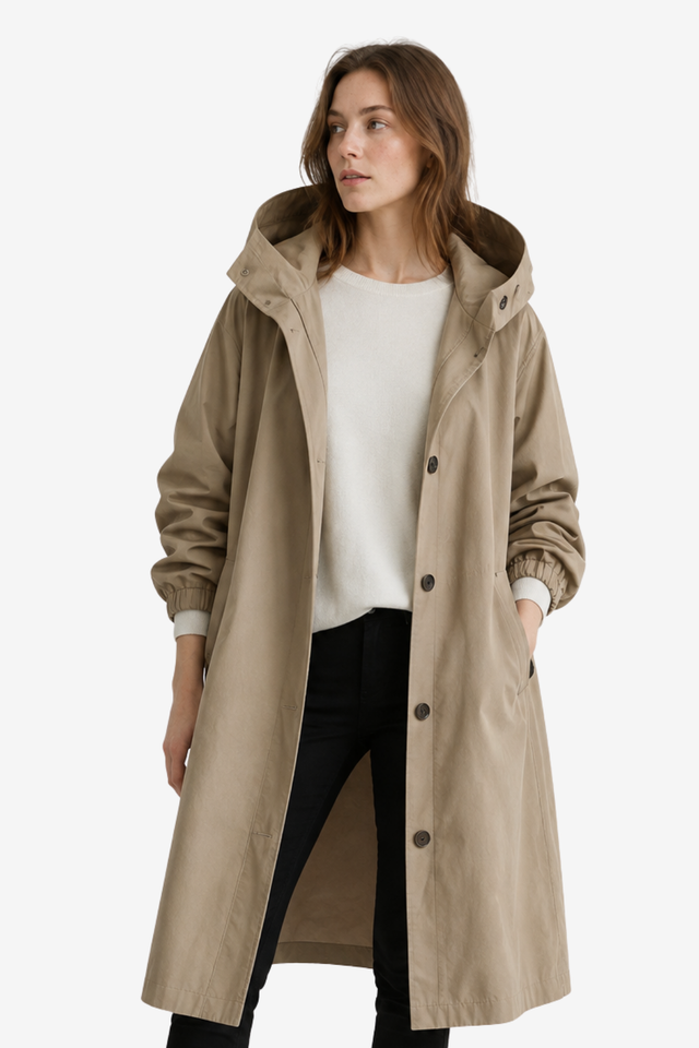 NOMU | Women's Hooded Trench Coat – Longline Relaxed Button Design