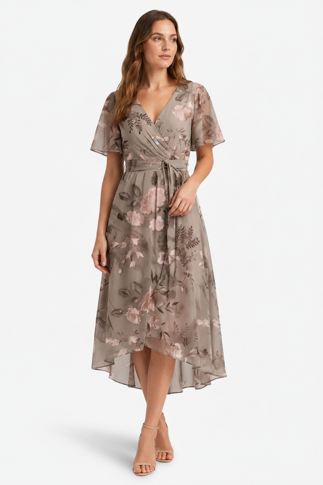 NOMU | Women's Floral Midi Dress – V Neck Flutter Sleeve Tie Waist Wrap Design