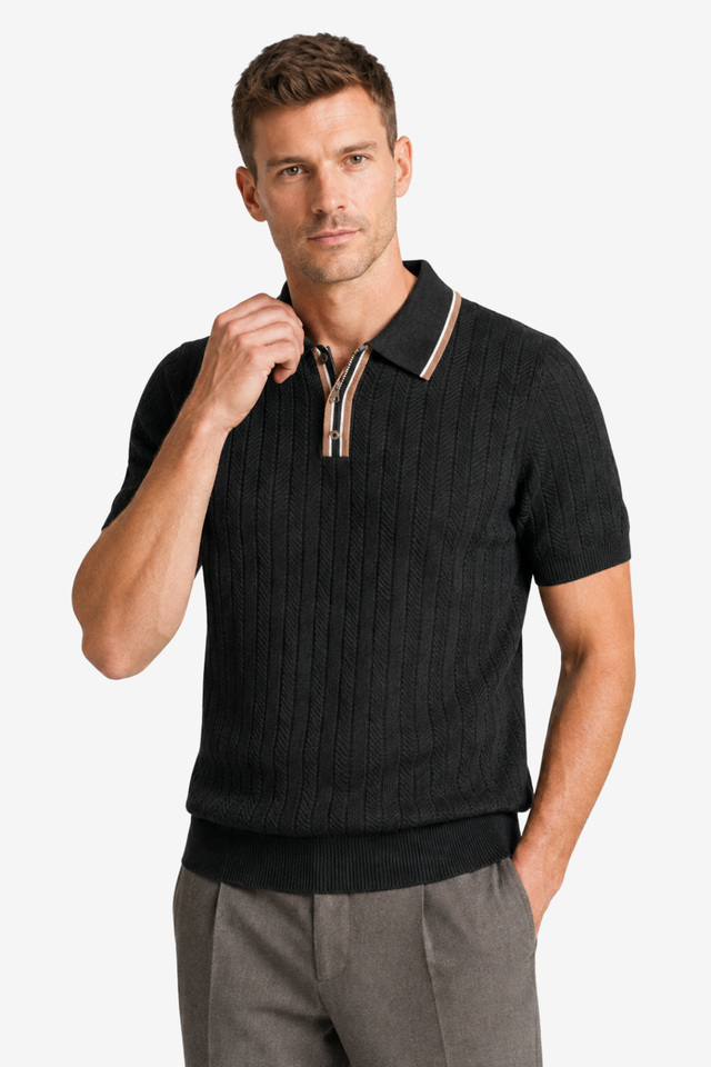 NOMU | Men’s Contrast Trim Ribbed Knit Polo Shirt