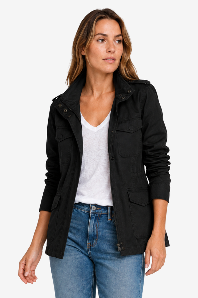 NOMU | Women's Mid Season Coat – Utility Pocket Zip and Snap Button Design