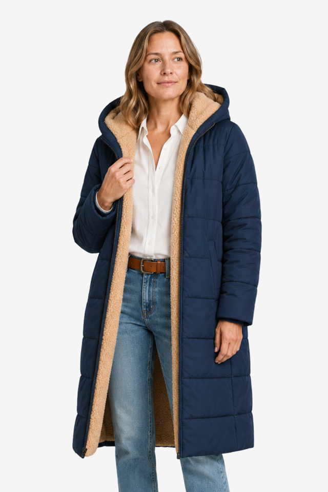 NOMU | Women's Long Winter Coat – Modern-Cut Quilted Hooded Design
