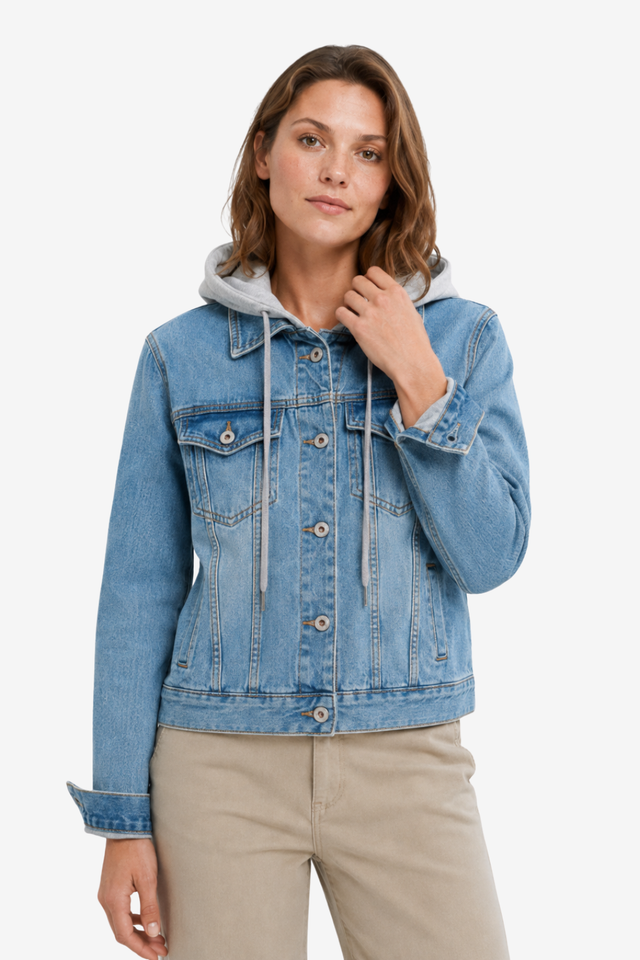 NOMU | Women's Hooded Denim Jacket – Button Front Layered Hood Pocket Design