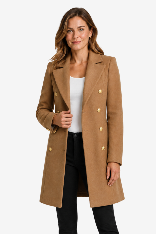 NOMU | Women's Long Fitted Coat – Double-Breasted Button Front Inner Lining Design