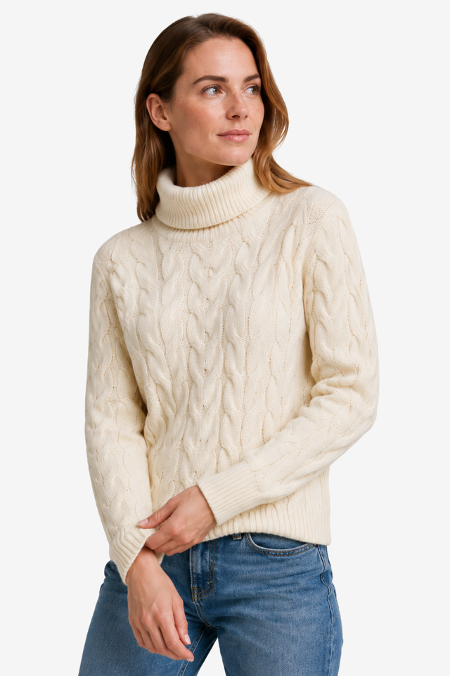 NOMU | Women's Turtleneck Sweater – Cable Knit Ribbed Trim Design