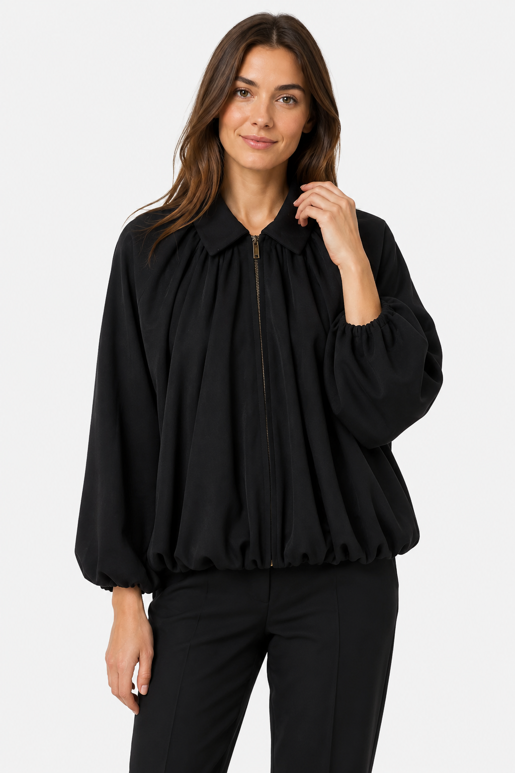NOMU | Women's Gathered High Neck Blouse – Elegant Balloon Sleeve Top