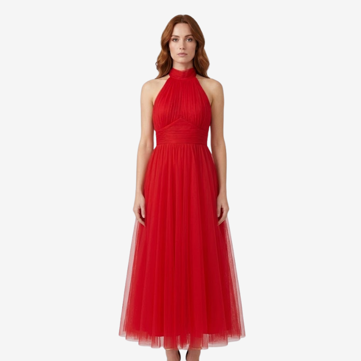 NOMU | Women's Halter Neck Tulle Midi Dress – Elegant Sleeveless Princess Party Dress